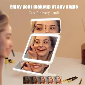Portable LED Light Makeup Mirror, 3-fold Foldable Rechargeable Mirror with 2x 3x & 10x Magnification, Touch Control Mirror for Travel & Bedroom Use, Lighted Mirror, Rechargeable Trifold Mirror