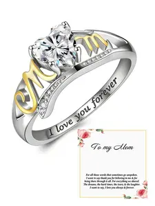 Heart-Shaped Zircon Ring for Mom, Letter Design, Perfect Mother's Day Gift, Casual Style, All Seasons, Daily Wear, Elegant Jewelry, Heart Signet Ring