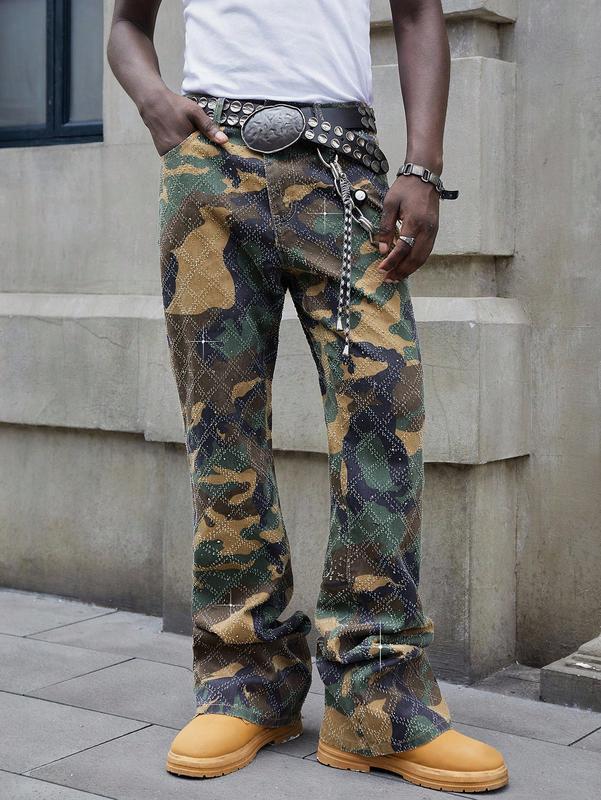 Jeans for men - Men’s Flared Camouflage Jeans with Layered Design for Street Style Wear baggy jeans for men y2k clothing jeans pants for men clothes for men airport outfit black jeans outfits winter going out outfits y2k clothes pants for men cargo