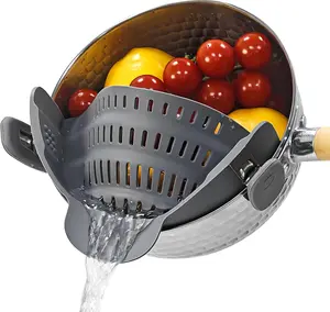 Starkitchen Clip on Strainer for Pots Pans, Silicone Clip-On Colander Pasta Strainer Heat Resistant Food Strainer Kitchen Gadgets for Meat Vegetables Fruit Noodles, Essential Home Cooking Tools - Gray