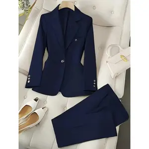 A set of women's casual navy blue suit jacket and pants, suitable for autumn and winter, suitable for home, indoor, and outdoor wear