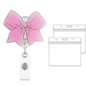Bowknot Design Badge Holder, 1 Count Retractable Badge Reel with 2 Counts Horizontal Card Holder, Identification Badges & Supplies for Office School, Badge Decoration