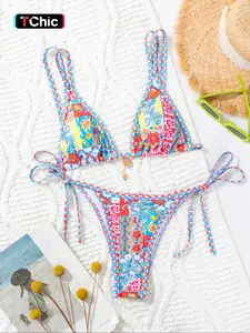 Women's Patchwork Floral Print Colorblock Bikini Set, Boho Tie Back Triangle Swim Bra & Tie Side Swim Thong, Summer Two-piece Swimsuit for Beach Holiday Vacation Swimming, Color Block Swimsuits