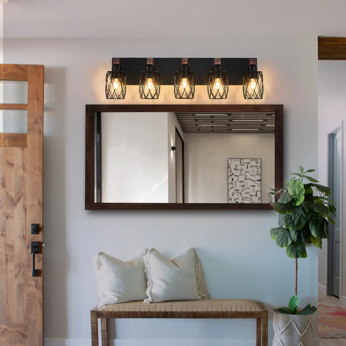 31" Industrial Vintage 5-Light Wall Sconce - Black Cage Wall Lighting Fixture with Wooden Accents for Bathroom, Hallway, or Living Room (Bulb Not Included)