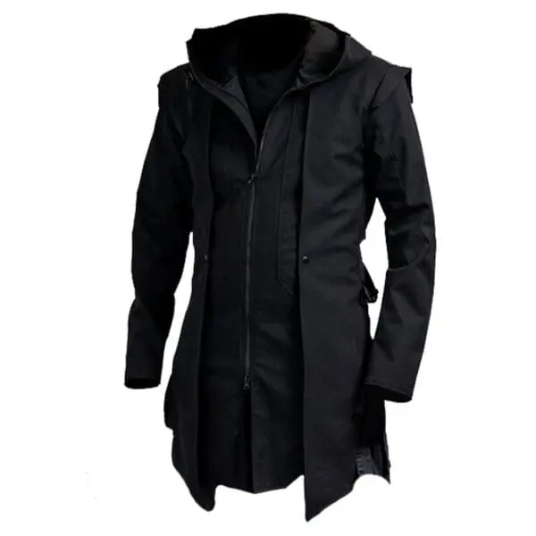 Men's Black Hooded Kimono Trench Coat – Long Zip-Up Gothic Streetwear Jacket with Utility Pockets