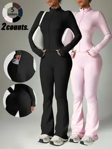 Women's Plain Yoga Sports Suit, Workout Running Clothes, Round Neck Long Sleeve High Waist Tight Pants, Breathable Quick-Dry Fabric, Fashionable Comfort Fit