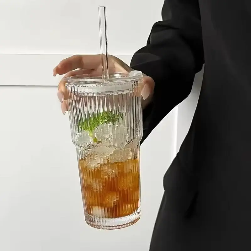 20oz Ribbed Glass Leakproof Tumblers Set of 2/4 with Lids & Straws Durable Reusable Leak-Proof Travel-Ready for Iced Coffee Smoothies Juice Cocktails Washable Stylish Drinkware Leakproof Straw Cup Cup with Lid and Straw