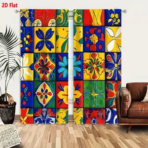2D Flat Mexican Spanish Style Floral Tile Pattern Curtain 2-Piece Set, Vibrant Colorful Grid Mosaic Curtains for Living Room Bedroom, Traditional Intricate Motif Swirling Line Circular Design Window Drapes with 2 Panels