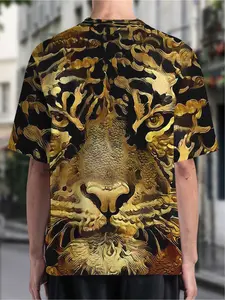 A men's 3D digital-print tiger face T-shirt - made of casual polyester fabric, with a round neckline, elasticated, and a moderate fit - a unique printed T-shirt Crewneck