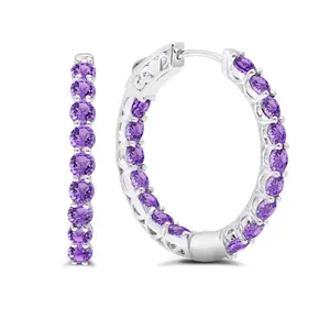 Gemstone Inside Out Hoop Earrings for Women in 925 Sterling Silver 1 Inch Diameter and 3mm Birthstone with Notched Post with Lock by MAX + STONE