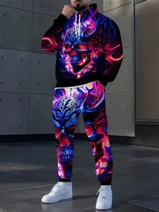 Colorful Skull Full-Print Hoodie Set, Long Sleeve Sporty Top & Drawstring Pants, Fall Winter Fitted Ankle-Length, Printed Sports Suit, Hooded Sportswear Set
