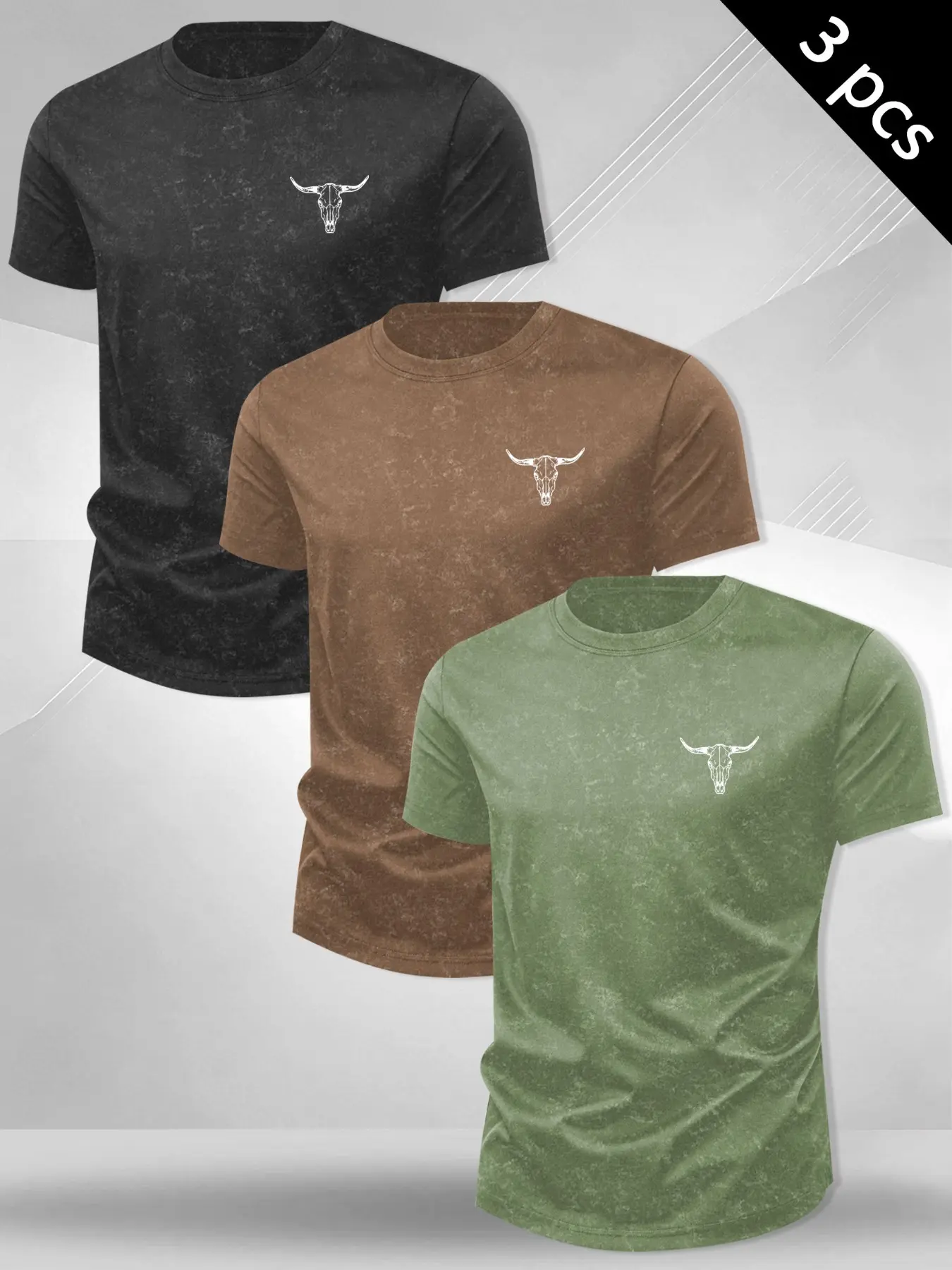 3-Pack American Vintage Bull Print Short Sleeve Round Neck T-Shirts, Casual Print Tee, Distressed Wash Loose Fit, Men's Streetwear Casual Tops, Trendy and Versatile