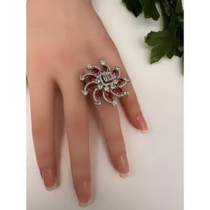 AD Floral Silver Adjustable Color Stone Cocktail Ring