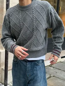 Men's Vintage Knit Sweater, Knitwear, Soft Warm Round Neck Pullover, Preppy Style Design, Perfect for Fall/winter, K-Pop Fashion