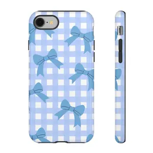 Blue Gingham Bow Phone Case, Pastel Plaid Pattern Design, Cute Coquette Aesthetic Protective Cover, Trendy Gift