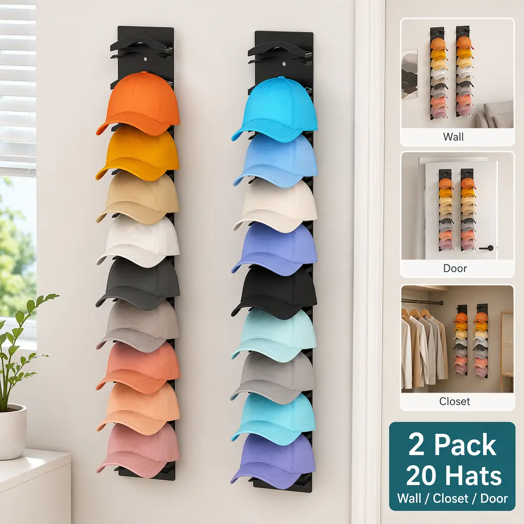 2Pack Hat Organizer Hanger (Black) - Strong Adhesive Wall-Mounted Home Decor Hook, Holds Up to 20 Hats, 2 Mounting Options, Multilayer Holder & Display for Wall/Closet/Door
