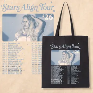 Stars Align Tour 2026 Tote Bag, Concert Tour Dates Graphic Canvas Bag, Pop Music Fan Shoulder Bag, Aesthetic Vintage Style Tote, Black Cotton Everyday Carry Gift