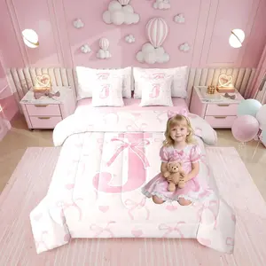 Feelyou 7-Piece Ultra Soft Alphabet Print Unique Bedding Set, Multi-Size Romantic Girls' Blush Pink Bow Geometric Bedding Comforter with Love Hearts, Initial Sheet Set, Bed Bag, Machine Washable, Bedsheet Sets, Soft Breathable Bedding