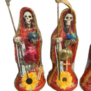 Red Detailed Santa Muerte Bulto de 8 Pulgadas Resin Statue 20 Centimeters with Symbolic Design for Spiritual Guidance