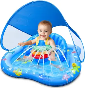 Baby Play Mat with Sprinkler, Inflatable Baby Pool Float with Canopy Backrest & Stackable Rings Water Sprinkler, Outdoor Water Play Toys for Toddlers Backyard Swimming Water Games