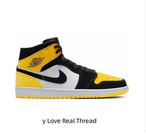 Energetic matching couple mid sneakers in striking black yellow sports tone. Multi-hole breathable lining stays comfy on dates & city outings, elastic cushioned midsole, sealed original packaging, vibrant casual romantic gift.