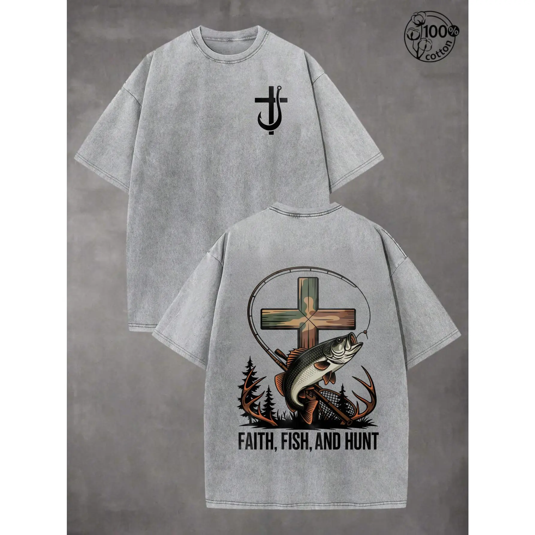 Men's Vintage Hunting Christian Washed Shirt, Retro Deer Hunter Shirt for Men, Camouflage Christian Oversized T-Shirt, Hunting Tee, Fishing Jesus Machine Washable Casual Top, Christian Hunting Gift for Men