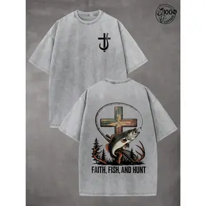 Men's Vintage Hunting Christian Washed Shirt, Retro Deer Hunter Shirt for Men, Camouflage Christian Oversized T-Shirt, Hunting Tee, Fishing Jesus Machine Washable Casual Top, Christian Hunting Gift for Men