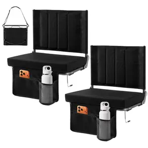 World Cup Stadium Seat with Back Support, Bleacher Chair with Thick Cushion, Portable Folding Seat with Shoulder Strap for Soccer Games, Sports Events, Outdoor Concerts, Black (17"W x 12"D x 16.5"H)