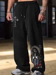 Men's Casual Graphic Print Sweatpants, Loose-Fit Drawstring Wide Leg Pants, All-Season Comfortable Long Trousers for Men