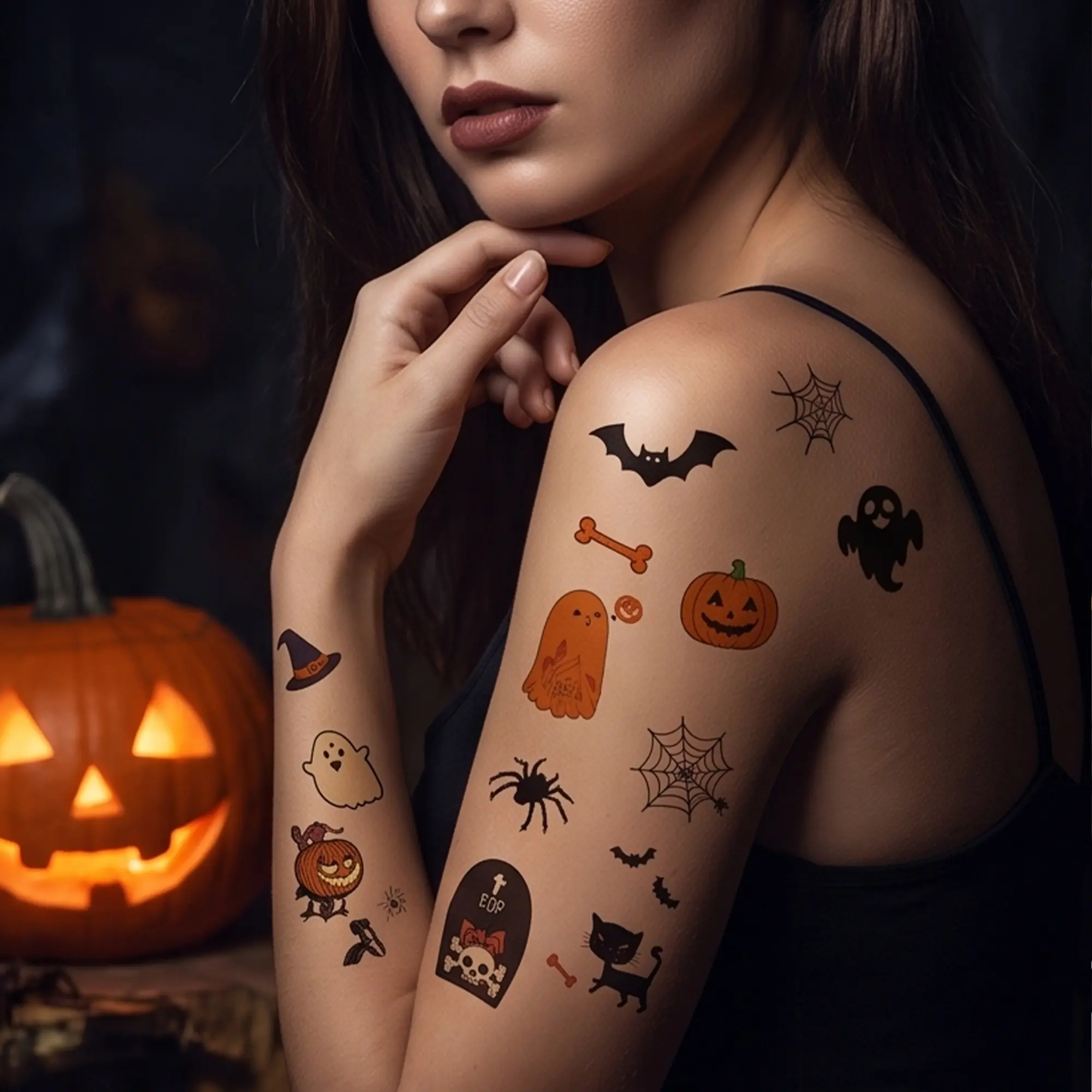 20Pcs Glow-in-the-Dark Halloween Temporary Tattoo Stickers, Waterproof Sweat-Resistant Body Decor with Ghost, Pumpkin, Castle, Witch, Bat Patterns, Festive Party Supplies, Ideal Gift