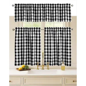 Black White Gingham 3 Piece Window Curtain Set, 2 Tiers 26x36 Inch and 1 Valance 54x18 Inch, Semi Sheer Rod Pocket Short Curtains for Kitchen, Living Room, Bedroom and Bathroom