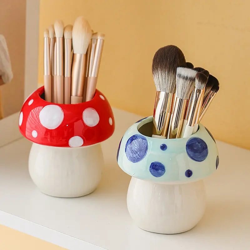 Mushroom Shape Ceramic Pen Holder - Durable Ceramic Desk Organizer with Whimsical Look, Fun Mushroom Design for Holding Makeup Brushes & Office Supplies, Home Decor for Students