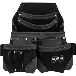 FUERI Professional 5 Pocket Leather Tool Pouch, Heavy-Duty Grain Leather Pouches with Hammer holder for electricians,Carpenters