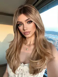 Gold Gradient Medium-Length Wavy Wig, 18 Inches Fashionable Women's Hairpiece, Heat-Resistant Fiber, Layered Design, All Seasons