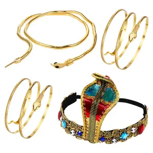 Egyptian Costume Accessories Set - Gold Cleopatra Headpiece with Snake Arm Cuffs & Bracelets for Women Halloween Cosplay Jewelry