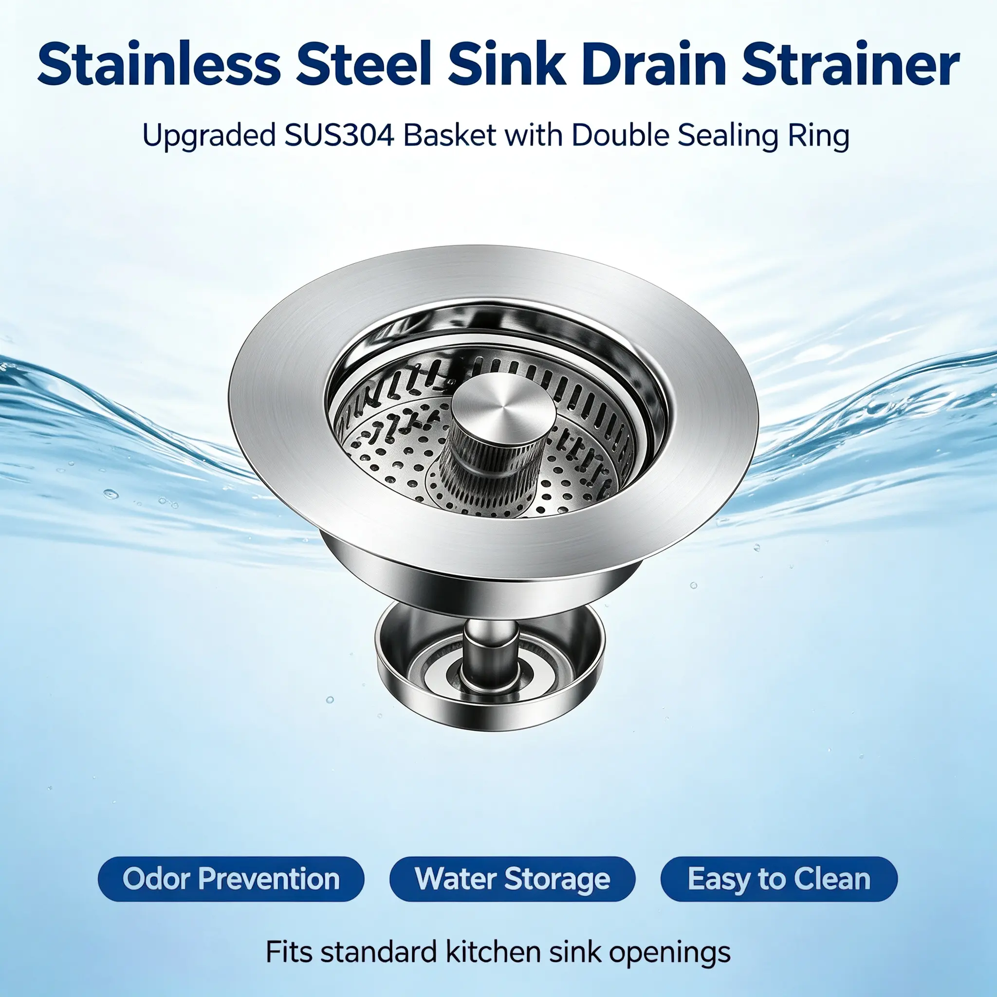 3-in-1 304 Stainless Steel Kitchen Sink Drain Strainer - Pop Up Stopper with Anti-Clogging Design, Fits US Standard 3-1/2" Drains