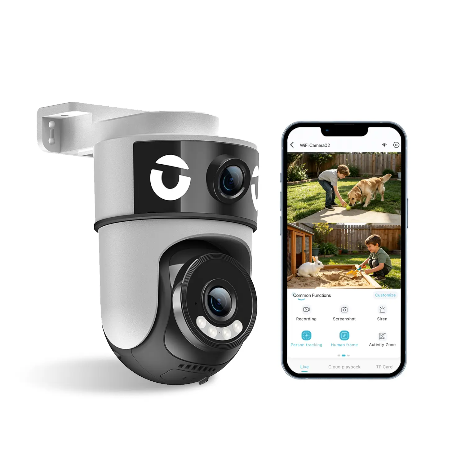 PCGVY Full HD 1080P Dual Lens Wired Power WiFi PTZ Security Camera - 360° Pan-Tilt Outdoor, Wall Mount, Motion Sensor, Color Night Vision, IP65 Waterproof, 2-Way Audio, Remote Access, Burglary Protection Smart Home CCTV System, 360° Pan/Tilt Security Came