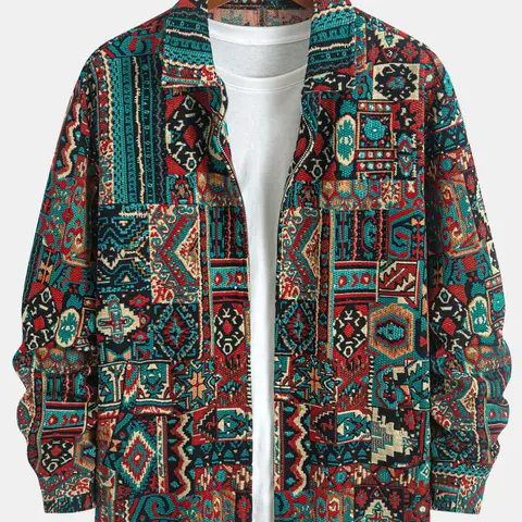Men's Loose Floral Print Jacket with Pockets, Casual Breathable Zipper Coat for Spring & Fall, Fashion Long Sleeve Design, Floral Jacquard Jacket, Casual Woven Jacket, Loose Jackets