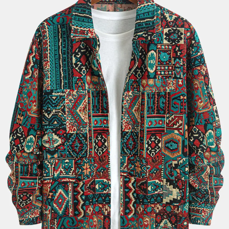 Men's Loose Floral Print Jacket with Pockets, Casual Breathable Zipper Coat for Spring & Fall, Fashion Long Sleeve Design, Floral Jacquard Jacket, Casual Woven Jacket, Loose Jackets