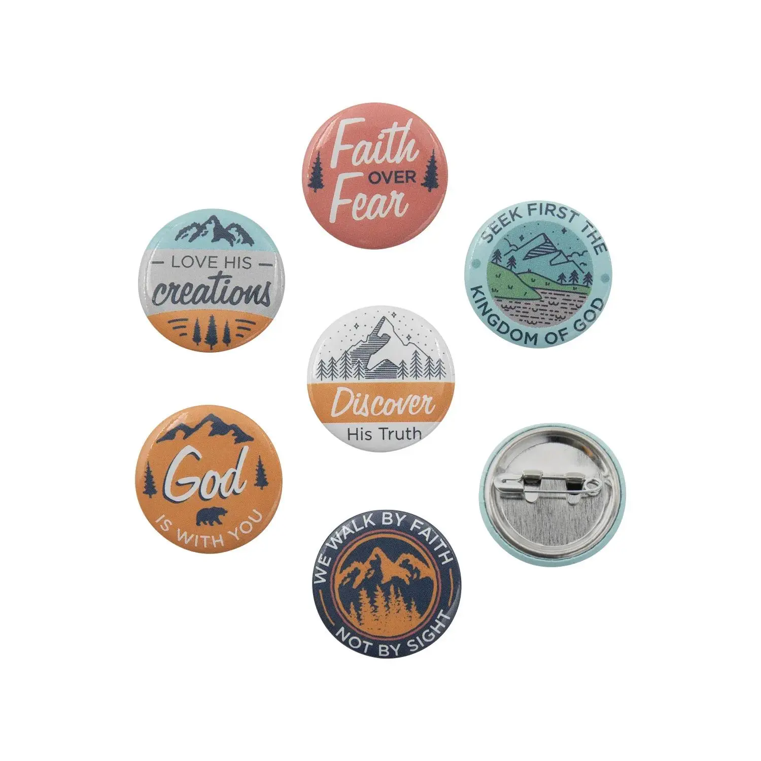1-Inch Metal Buttons Bulk Assortment, 48-Pc Mini Faith Adventure Buttons with Biblical Quotes, Youth Gifts for Outdoor Scenes