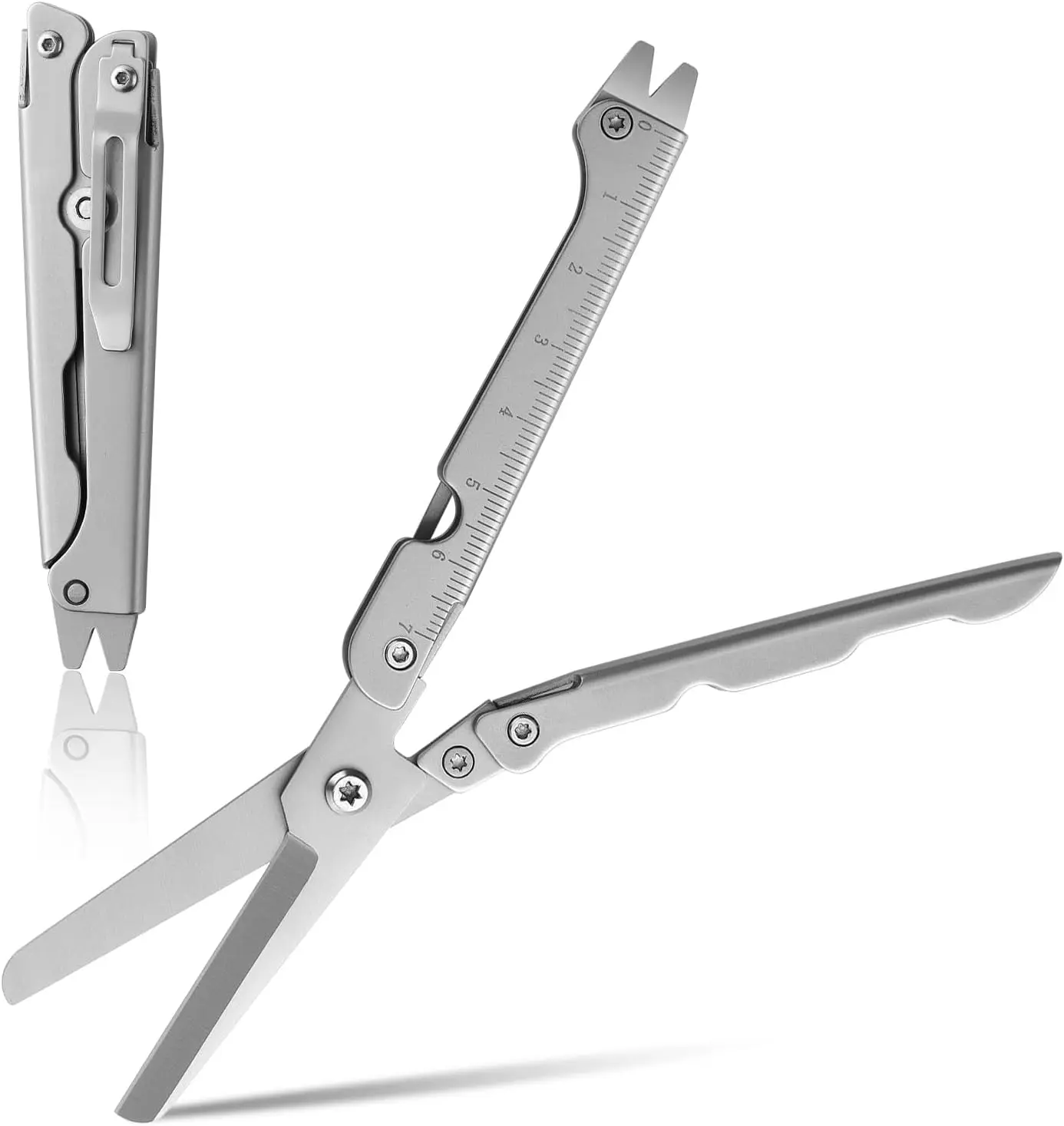 Folding Scissors, Stainless Steel Safety Portable Mini Travel Small Scissors,Foldable Pocket Scissor with Belt Clip and Pry Bar，Everyday Carry, Ideal Gifts for Men Women（Silver）