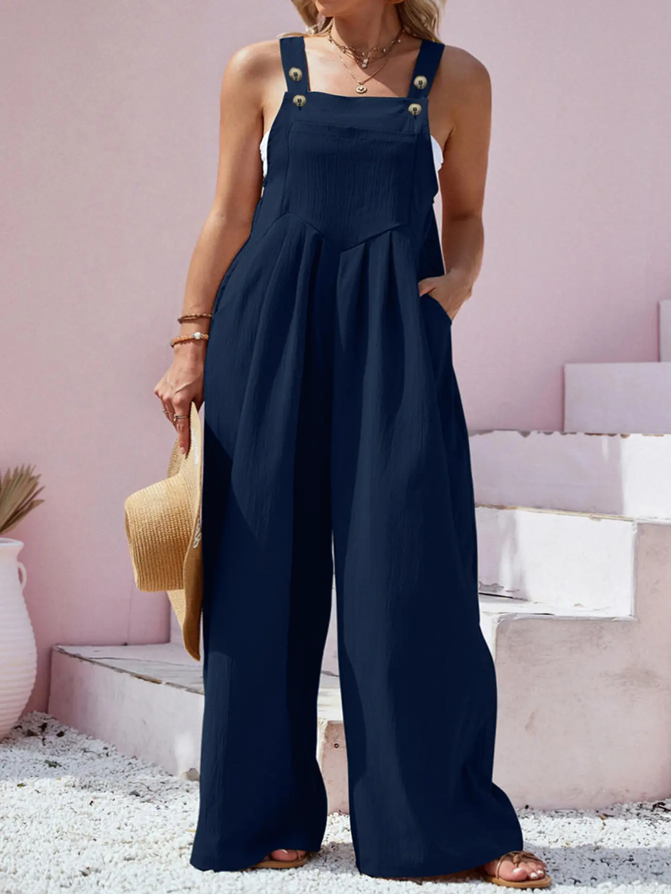 Plus Size Women Casual Baggy Overalls Jumpsuit Adjustable Button Shoulder Straps Loose Wide Leg Long Jumpsuit With Side Pockets For Summer Vacation