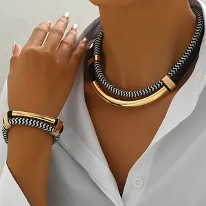 Jewelry - 2PCS Set New Fashion Black and White Thick Double Line Metal Tube Exaggerated Hip-Hop Style Necklace Bracelet Set for Daily Wear