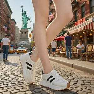 Women's Retro Chunky Platform Sneakers White Leather Upper Thick Sole Comfort Casual Lace-Up Shoes