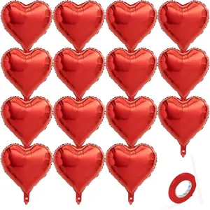 15 PCS Red Heart Balloons, 18 Inch Heart Shaped Balloons Foil with Ribbon, Heart Foil Balloon for Shower, Birthday, Party, Valentines Day Decorations