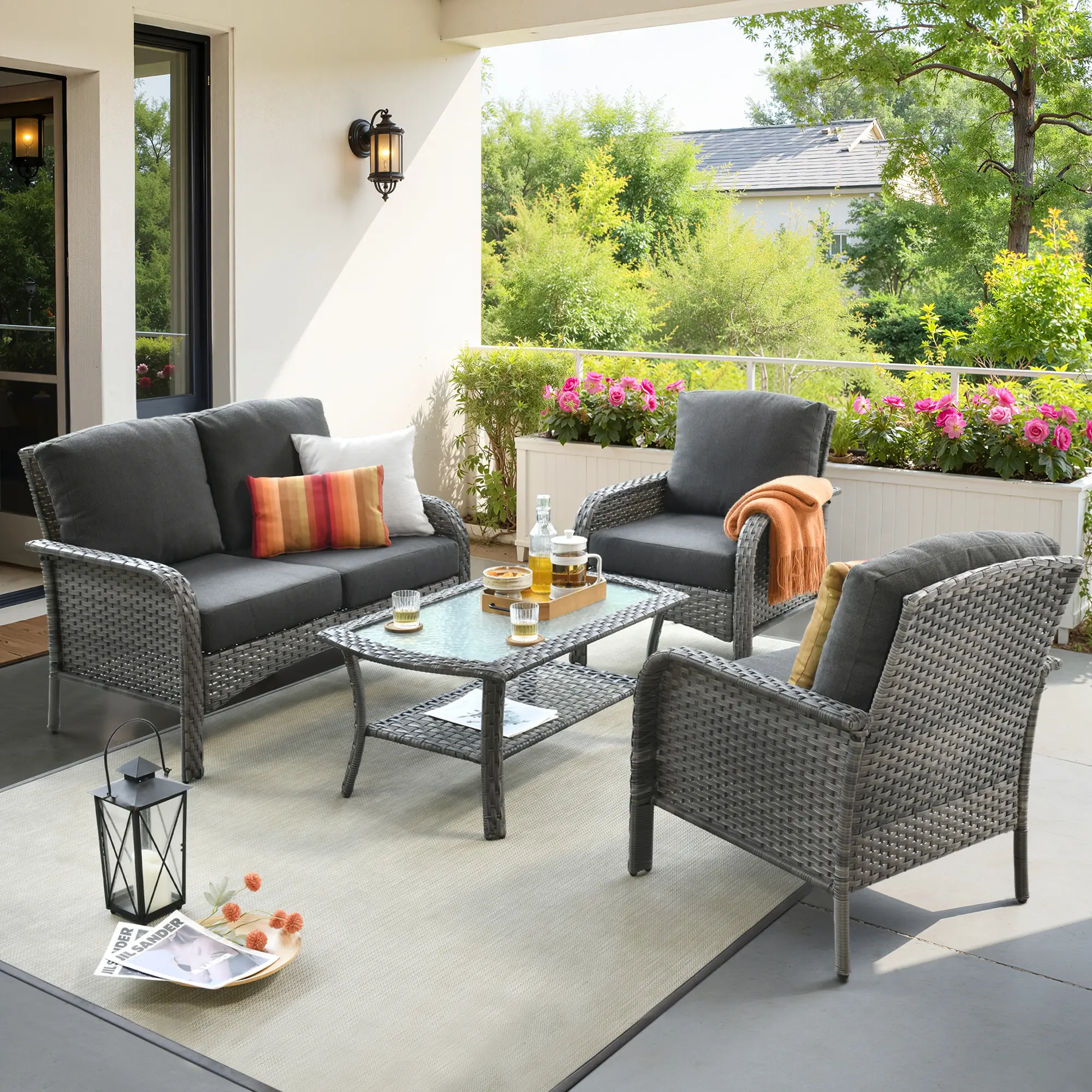 HOOOWOOO Patio Furniture Set, Outdoor Wicker Sofa Couch with Comfy Cushions, 【2 packages Delivery】All Weather High Back Conversation Set for Porch Deck, Brown Rattan