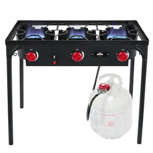 Hike Crew Auto Ignition 3-Burner Outdoor Gas Stove | 225,000 BTU Portable Propane-Powered Cooktop with Blue Flame Control, Removable Legs, Temperature Setting Knobs | Includes Hose & Regulator