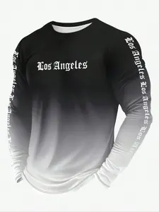 Men's Casual Long Sleeve T-Shirt, Geometric Pattern, Round Neck, Fitted Polyester Knitted Fabric, Spring & Fall Daily Wear