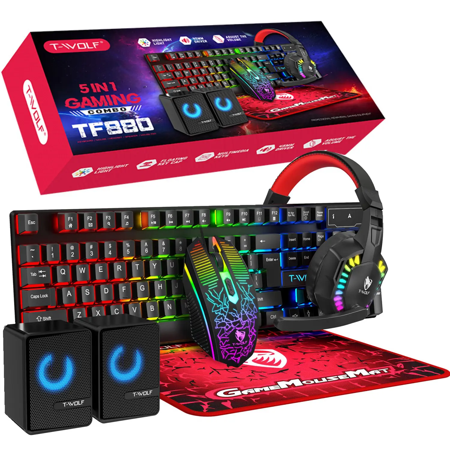 5in1 Gaming Keyboard and Mouse and Mouse pad and Gaming Headset with Speaker , Wired LED RGB Backlight Bundle for PC Gamers  All‑in‑One Desktop Gaming Bundle for Home & Office