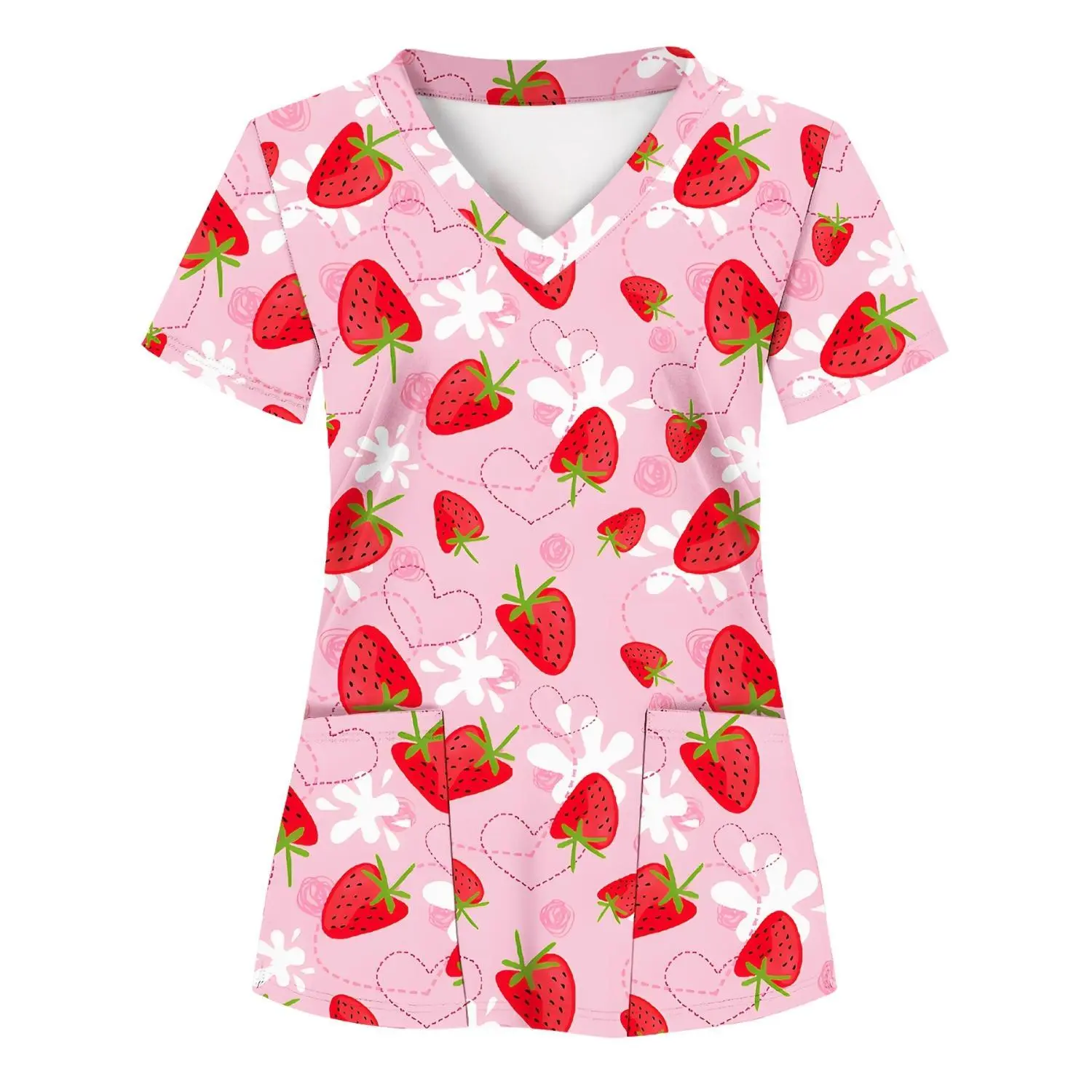 Women's Strawberry Print Scrub Top with Pockets | Comfortable, Breathable, and Practical for Healthcare Professionals - Perfect for Hospitals, Clinics, Spas, and Wellness Centers